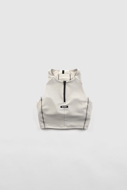 PLASTER AND SLATE STRIPED CADENCE™ ZIP FRONT RACE CROP